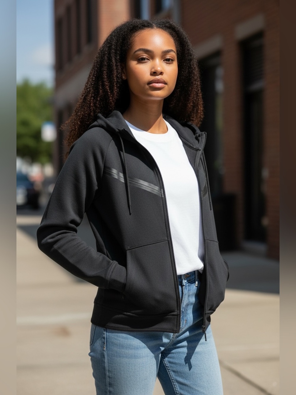 Nike Black Full-Zip Hooded Sweatshirt with Subtle Chevron Detail